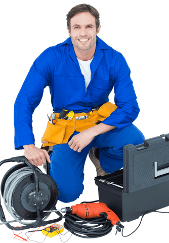Smiling Electrician in Blue Uniform with Toolbox and Tools on Transparent Background - Download Free Stock Videos Pikwizard.com