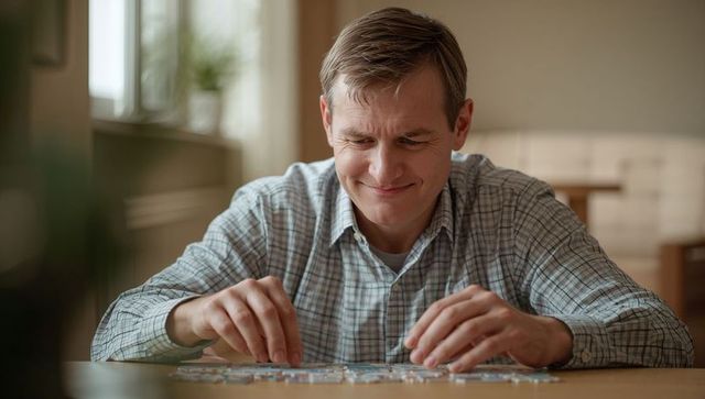 Middle-aged man concentrating on jigsaw puzzle at home, cozy leisure and focus