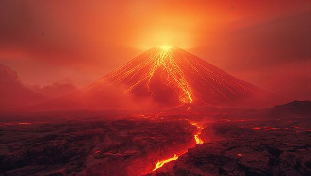 Erupting Volcano Sending Fiery Lava Streams Across Desolate Plain