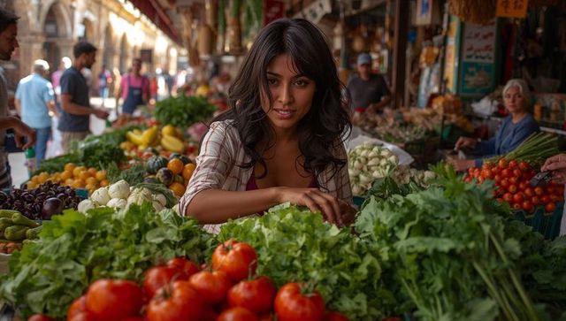 Young woman selecting fresh greens at bustling covered market with colorful produce