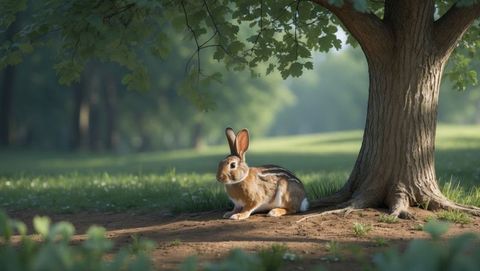 Magical cottontail rabbit in forest clearing with dappled sunlight