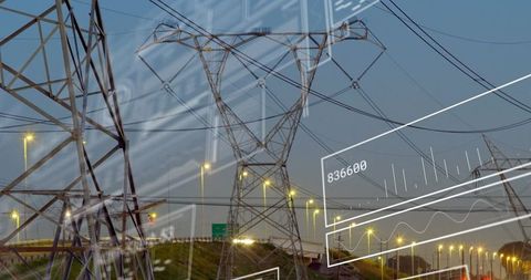 Modern electricity transmission with digital overlays in urban setting