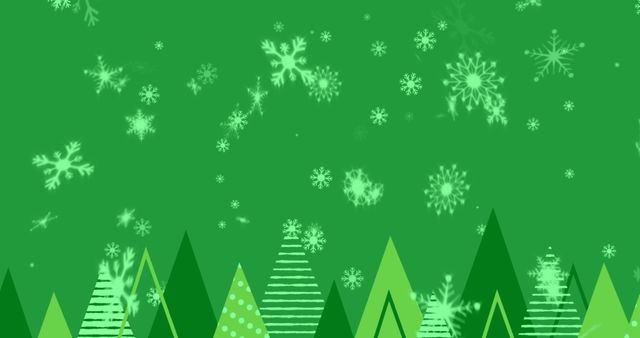 Digitally generated holiday background features Christmas trees of varying shapes and sizes on a green backdrop with falling snowflakes. Ideal for use in holiday greeting cards, seasonal social media posts, Christmas event promotions, and festive poster designs.