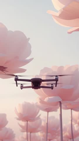 Drone flying through pastel flower field capturing petals in vertical aerial video