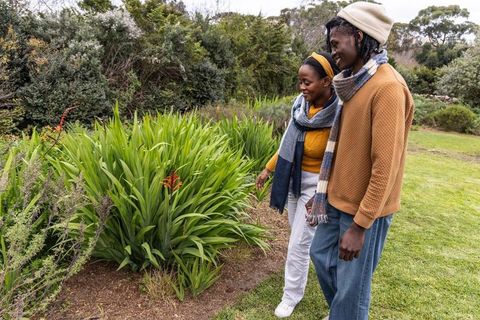 African american couple strolling botanical garden admiring red blooms overcast afternoon