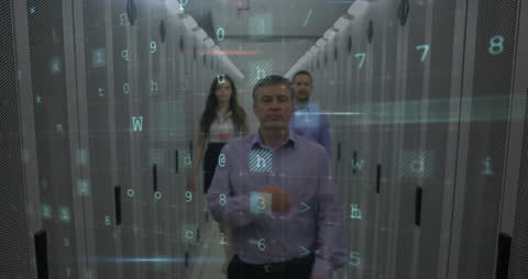 Digital Security Warning Over Professionals Walking in Server Facility