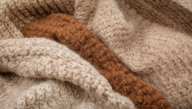 Layered fuzzy knit textures in cream and rust brown showing soft ribbed stitches