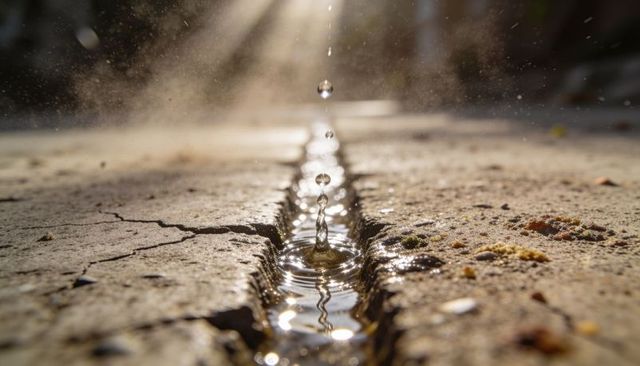 Sunlit water droplets falling into cracked concrete trench creating mirror ripples