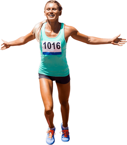 Caucasian Female Athlete Celebrating Run on Transparent Background