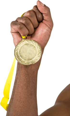 Victorious Athlete's Hand Holding Gold Medal on Transparent Background