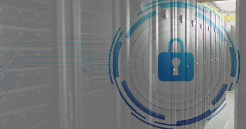 Digital lock icon over server room enhancing data security