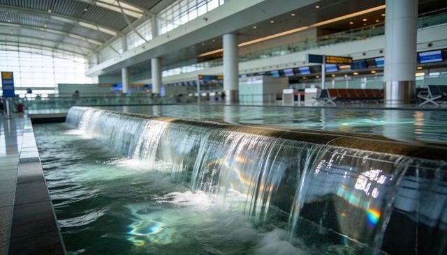 Cascading reflecting pool in modern airport terminal with glass atrium and waterfall