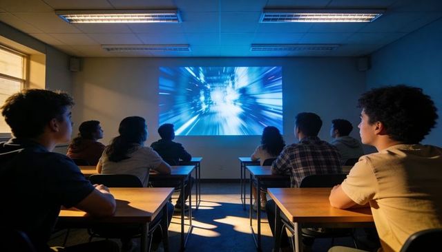 High school students watching futuristic blue projection while sitting at wooden desks