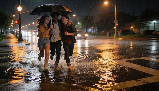 Laughing friends running under umbrella through flooded urban crosswalk at night