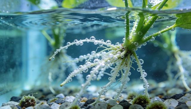 Aquatic plant roots releasing oxygen bubbles, beaded root hairs in clear aquarium macro