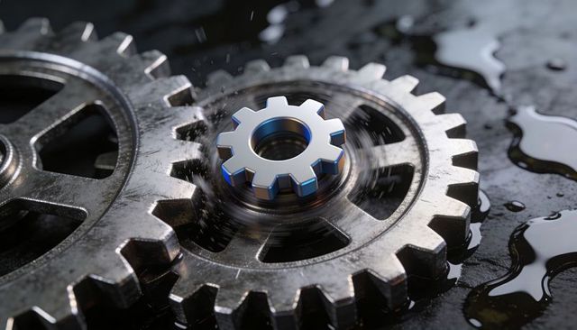 Spinning steel spur gears with silver-blue pinion, motion blur on oiled metal surface