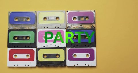 Colorful Audio Cassettes Arranged with Green Party Text - Download Free Stock Images Pikwizard.com