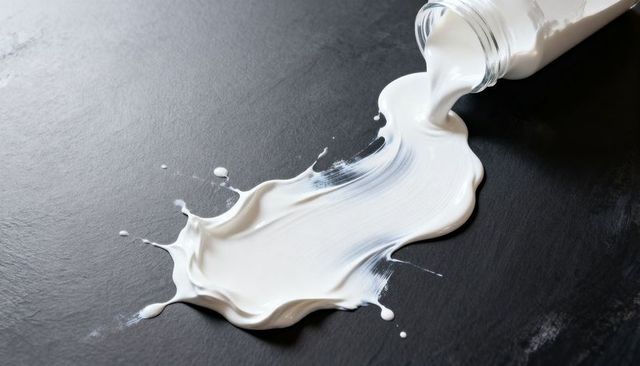 White paint pouring from glass jar on dark slate surface with glossy puddle and streaks