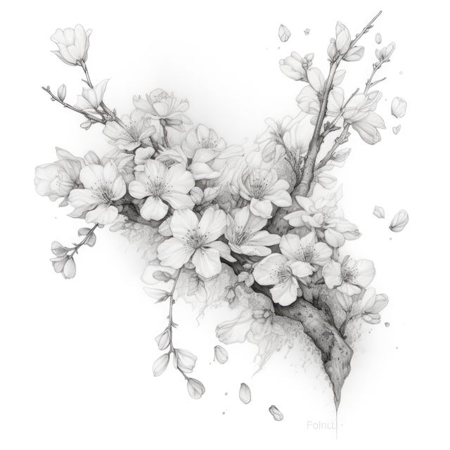 White blossom on white background, created using generative ai technology. Flower, spring, nature, colour and drawing concept digitally generated image.