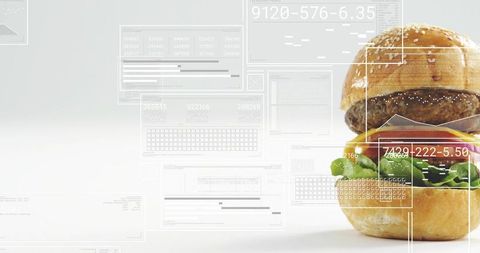 Futuristic burger showcasing data overlays and ample left copy space for tech food branding