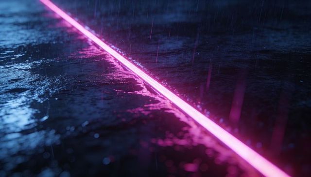 Glowing magenta neon line cutting wet pavement reflecting rainy night blue highlights