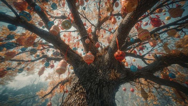 Colorful festive ornaments hanging on tree in mystical woodland