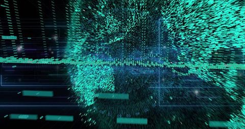 Dense Teal Point-Cloud Globe Forming in 3D Data Space with Waveform and Holographic UI