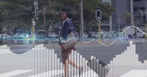 Businesswoman Walking Across Urban Crosswalk with Data Overlays