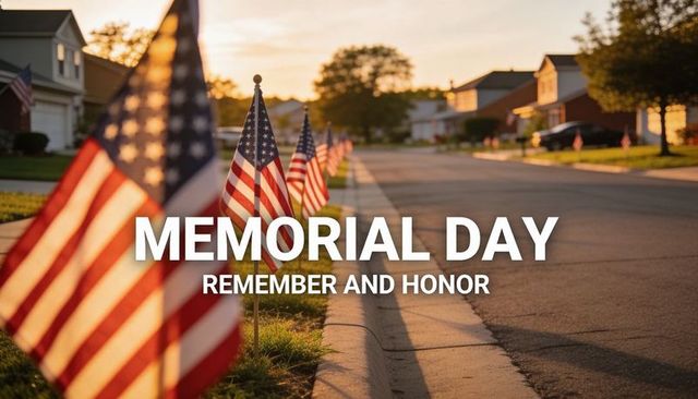 Suburban curbside american flags lining street at sunset for memorial day tribute