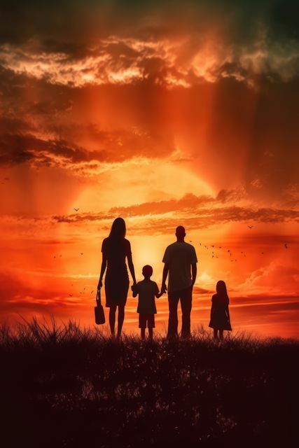 Family holding hands while walking during beautiful sunset, illustrating unity and love. Ideal for themes of family bonding, togetherness, outdoor activities, and peaceful moments. Suitable for use in advertisements, websites, and social media campaigns focusing on family life and relationships.