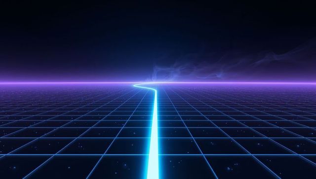Cyan neon path curving through retro-futuristic grid toward magenta horizon glow vaporwave