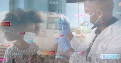 Doctor Preparing Vaccine for Child with Digital Data Overlays