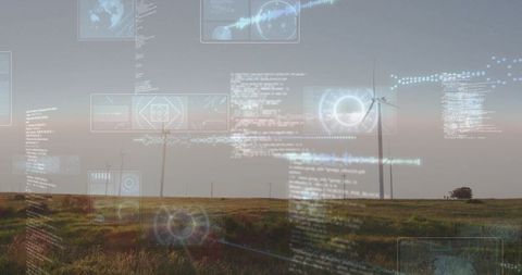 Wind turbine rotating on prairie at dawn with futuristic HUD energy data overlays for grid