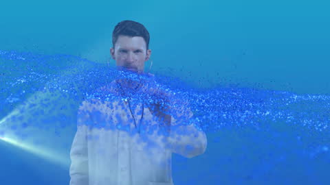 Scientist Surrounded by Blue Digital Data Stream