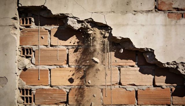 Sunlit damaged masonry wall revealing hollow bricks, cracked plaster and falling rubble