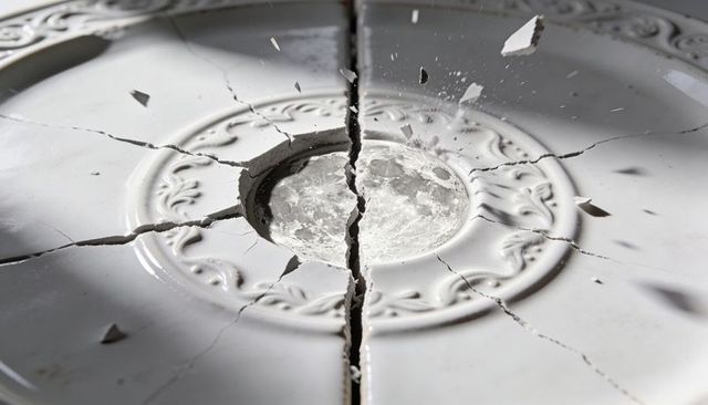 Ornate white ceramic medallion splitting with moonlike center and dramatic vertical crack