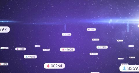 Floating notification badges drifting across neon purple starfield with glowing lens flare