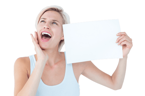 joyful woman holding blank sign with open mouth on transparent background - Download Free Stock Videos Pikwizard.com