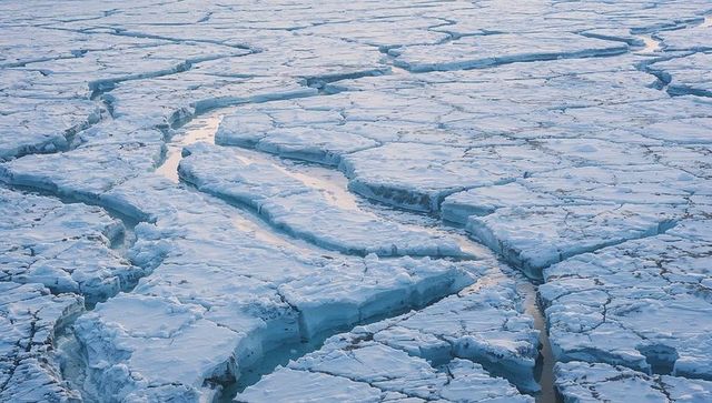 Fracturing arctic sea ice revealing winding open leads, melt pools and broken floes