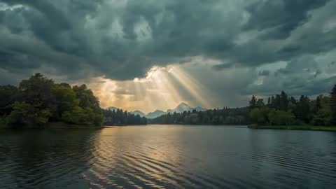 Sunrays Penetrating Clouds over Serene Mountain Lake