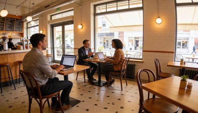 Business meeting over laptops in bright urban cafe with street-level window view
