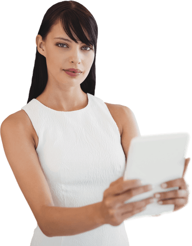 Confident Businesswoman Holding Digital Tablet on Transparent Background
