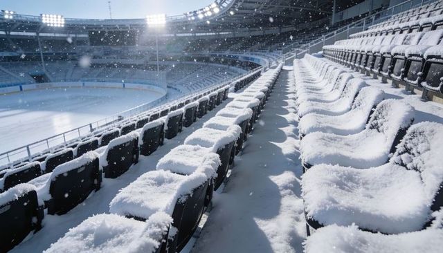 Snow-dusted stadium seats overlooking frozen rink under glowing floodlights, falling snow