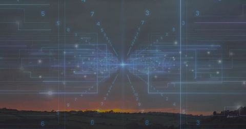 Holographic Data Node Projecting Neon Network Over Rural Dusk Horizon