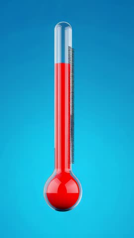 Thermometer heating with red fluid rising then stabilizing over blue gradient — Vertical video