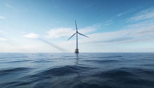 Offshore Wind Turbine on Jacket Platform Over Calm Ocean Horizon with Blue Sky and Clouds