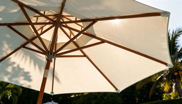 Sunlit cream patio umbrella revealing wooden ribs and pole over tropical poolside oasis