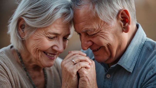 Senior couple sharing tender moment holding hands and touching foreheads with wedding ring