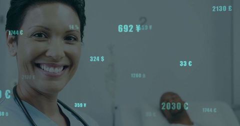 Healthcare Finance: Doctor in Hospital Room with Currency Overlays