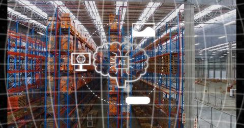 AI-driven warehouse featuring orange-blue pallet racking with digital logistics overlay